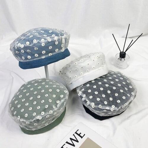 Cute Flower Mesh Berets Hats Creative Double-sided Denim Painter Hats Women Fashion Trendy Hot Sale Spring Summer Female Hats