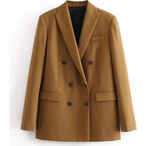 Spring Womens Blazers Loose Casual Double Breasted Solid Color Suits Women Blazer Coat Brown Cotton Female Outwear Blazer Jacket