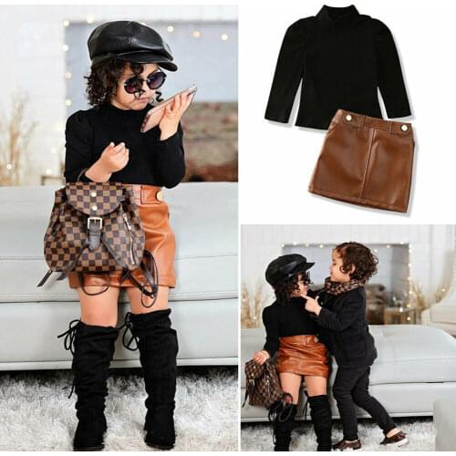 Spring 2 Pieces Suit Sweater Tops+PU Leather skirt Kids Sets Girls Clothes Girls Fashion Clothes Set Childrens Clothing