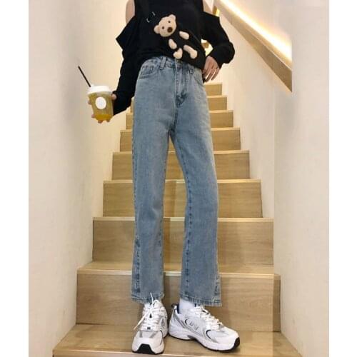 Woman Jeans Pants High Waist Slit Straight-Leg Pants Pantalones Vaqueros Mujer