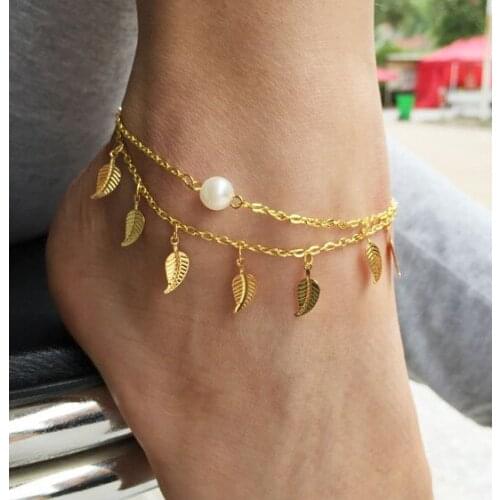 Bohemian Double Layers Gold Leaves Anklets Bracelet for Women Boho Pearl Anklet Female Foot Bracelet Summer Beach Party Jewelry