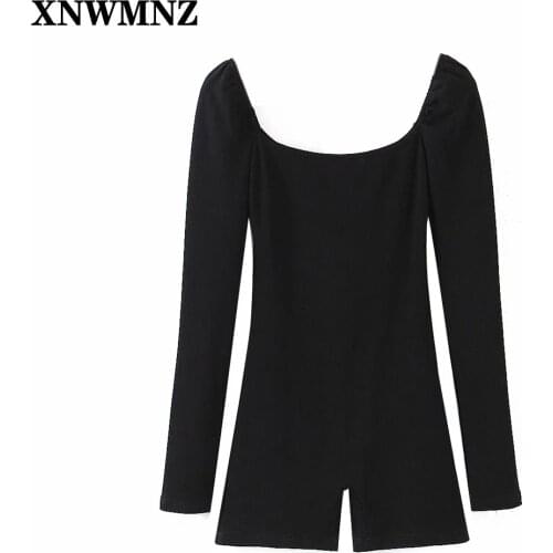 XNWMNZ 2021 Black Ribbed Square Collar Sexy Rompers Womens Jumpsuit Long Sleeve Skinny Summer Playsuits Women Short Jumpsuits