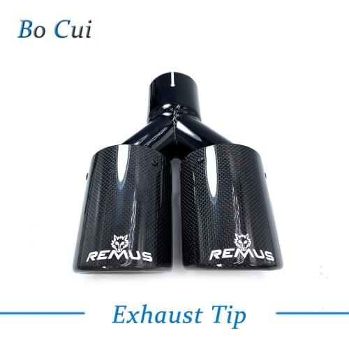 1Pcs Car Modification Universal Dual Glossy Black Automobile Remus Logo Exhaust Pipe Muffler Pipe Carbon Fiber Exhaust Tip