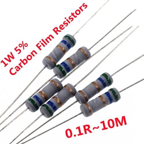 100PCS 1W Carbon Film Resistors 5% Ring Power Resistor 0.1R~10M 0.5R 2R 4.7R10R 68R 100R 220R 360R 470R 1K 2.2K 10K 22K 4K7 100K