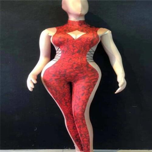E41 Red flower sleeveless bodysuit female nude stage jumpsuit singer wears dj pole dance costumes performance model dress clothe