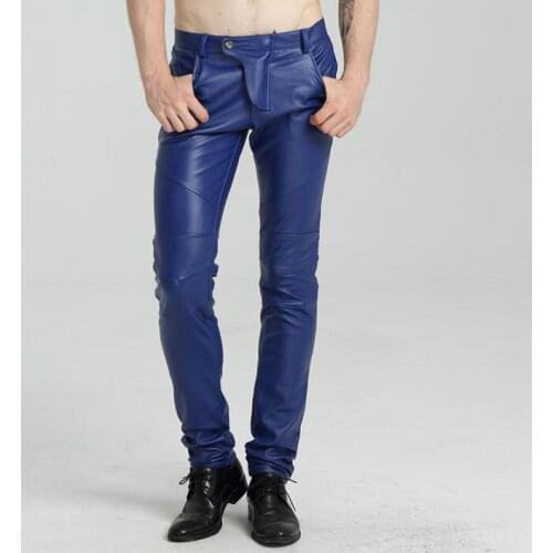 Blue spring faux leather pants mens feet pants motorcycle pu trousers for men personality fashion pantalon homme