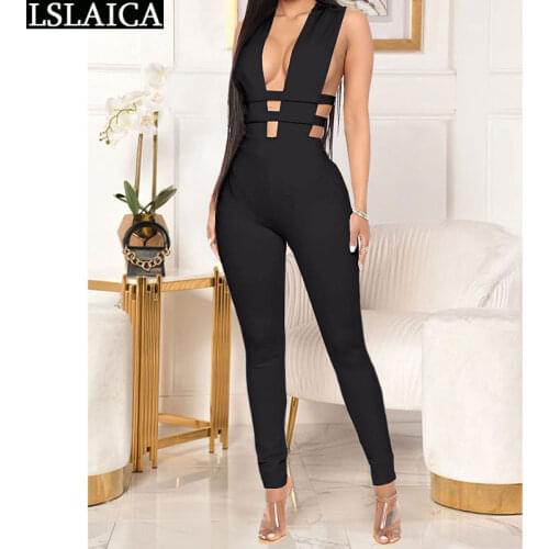 One Piece Outfit Solid Color Hollow Out Zipper Deep V-neck Sexy Jumpsuit Clubwear Full Length Sleeveless Womens Clothing Summer