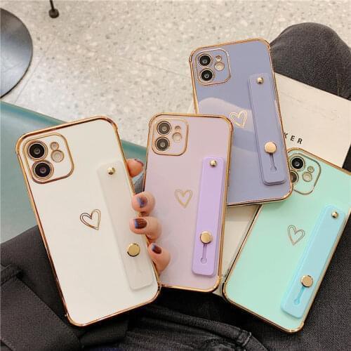 Wrist Strap Phone Case For iPhone 12 Mini 12 11Pro Max X XR XS Max 7 8 Plus SE 2020 Electroplated Love Heart Soft TPU Back Cover