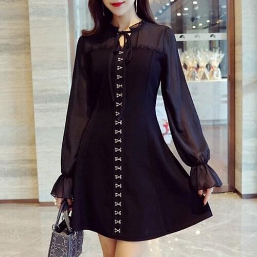 Black Dresses Women Stylish Elegant Sexy A-Line Lace-Up Chiffon Dress Female Dress