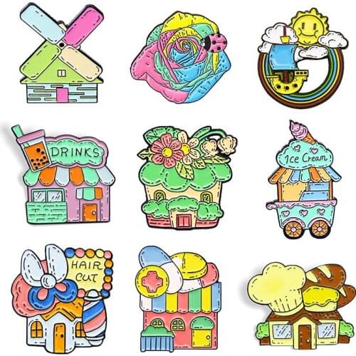 House Enamel Pin Brooches milk Drinks ice cream Barber Shop hospital bakery florist Windmill Rainbow Flower sun Custom Badge