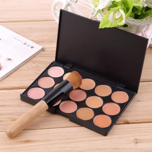 Fashion15-Colors Face Makeup Concealer Palette + Wood Handle Flat Angled Brush Make up Set KitHot Selling Hot Worldwide sale