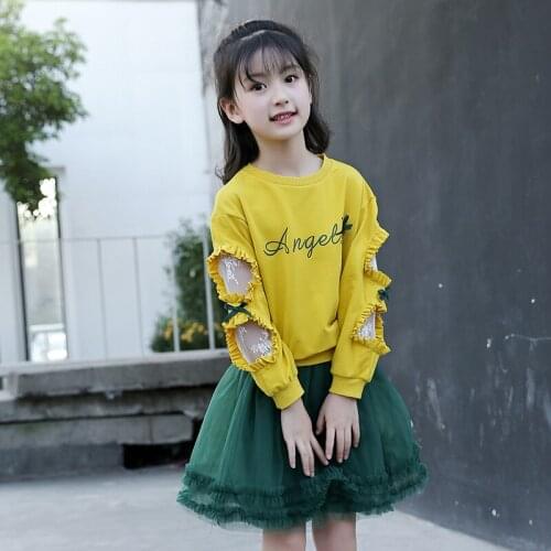 Girls Clothes 2019 Korean Children Kids Long Sleeve Lace T-shirt + Tutu Skirt 2pcs Princess Set Clothes for Girls 8 10 14 Years