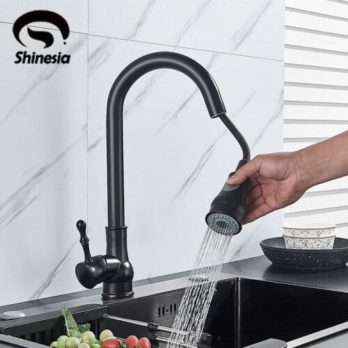 Shinesia Kitchen Faucet Oil Rubbed Bronze Brushed Nickel Swivel Spout Hot and Cold Water Pull Out Countertop Mixer Tap