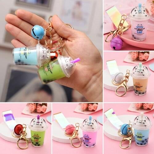 Cute Cat Pearl Milk Tea Cup Key Chain Creative Quicksand Liquid Floating Drink Keyring Backpack Pendant Keychain Gift for women