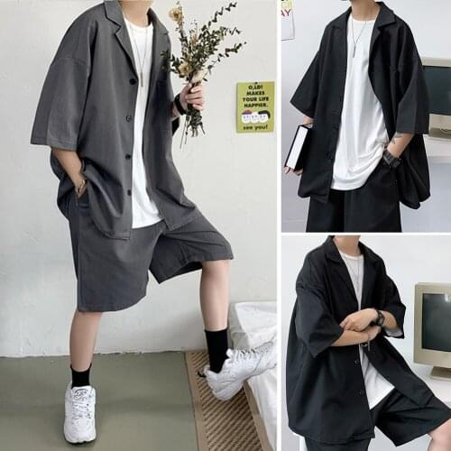 Men Casual Set Fashion 2 PCS Plus Size Men Summer Fashion Casual Short Sleeves Pockets Shirt Top Shorts Pants Suit