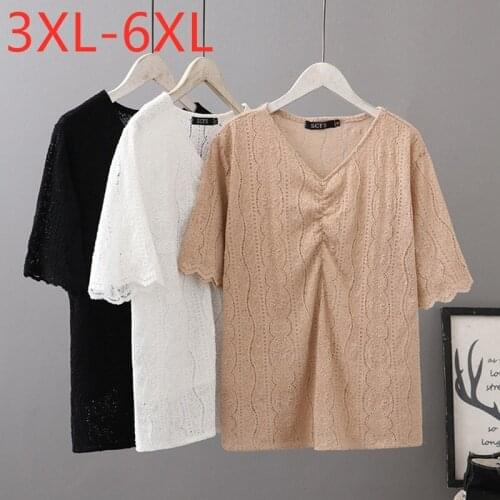 New 2021 Ladies Summer Plus Size Top For Women Large Short Sleeve Slim Elastic Lace Black Khaki V-neck T-Shirt 3XL 4XL 5XL 6XL