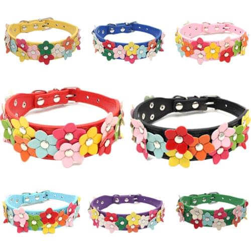 Fashion High Quality Double Row flowers Leather Pet Cat Dog Collar Neck Strap Leads Rope leash Adjustable
