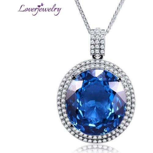 LOVERJEWELRY Topaz Pendant Necklace For Women Oval 17x19mm 30.94ct London Topaz Gemstone 18Kt White Gold Wedding Pendant Jewelry
