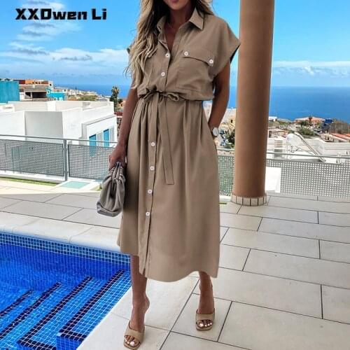 Summer Woman Elegant Short Sleeve shirt Midi Dress Casual Loose Buttons High Waist Belt Office Lady Dresses Womens Clothing