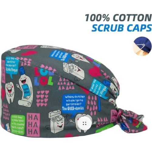 Women and Men Working Cap Uniform Accessories Cotton Adjustable Beauty Shop Lab DentIst Nursing Hat Teeth Printing Scrubs Hats