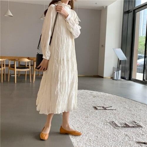 Pleated Chiffon Dress Turtleneck Long Sleeve Korean Casual Long Dress Summer Elegant Loose Spring Party Dress Vintage Lady