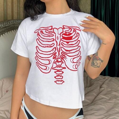 90s Vintage Print Crop Top Y2k Harajuku T Shirt O Neck Short Sleeve Streetwear Women Fashion Punk Gothic White Tank Tops Summer