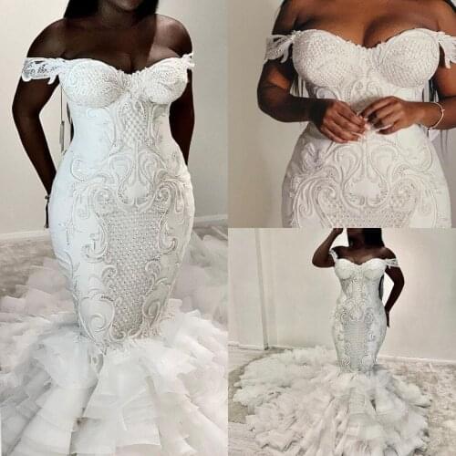Gorgeous Plus Size Mermaid Wedding Dresses Bridal Gowns Lace Appliqued Beaded Off The Shoulder Tiered Skirts Ruffles Vestido