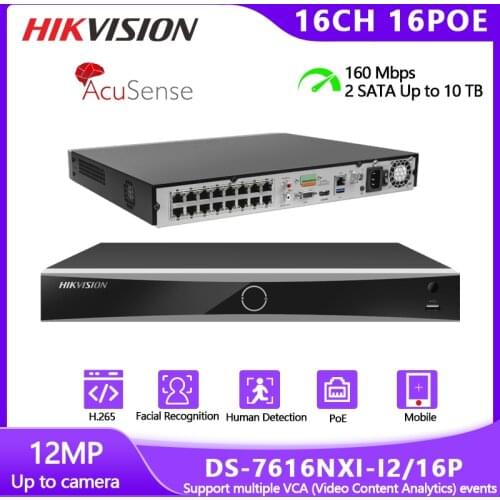 Hikvision NVR DS-7616NXI-I2/16P 12MP 4K Video Recorder 16-CH POE H.265 With 2TB 1TB HDD For Human & Vehicle Detection IP Cameras