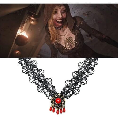 Game Jewelry Dimitrescu Cosplay Moth Lady Vampire Witch Lace Necklace Punk Womens Banquet Red Crystal Pendat Jewelry