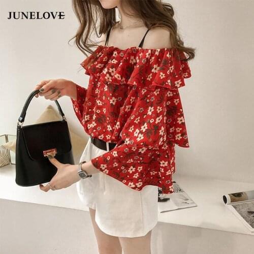 Bella Philosophy Women Summer Ruffles Blouse Shirts Vintage Pinrt Floral Slash Neck Blouse Casual Holiday Lady Chiffon Boho Tops