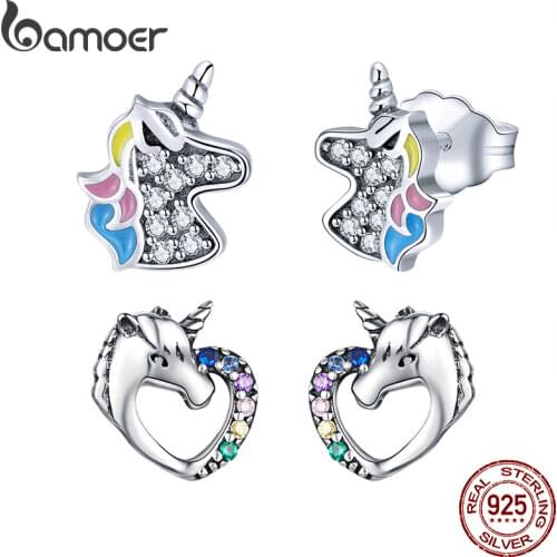 BAMOER Unicorn Design Silver Earrings for Women 925 Sterling Silver Fine Jewelry Gifts for Girl Kids Bijoux Brincos GXE611