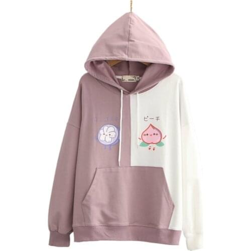 Women Hooded Sweatshirts Harakuju Cartoon Print Patchwork Hoodies 2020 Autumn Long Sleeve Pocket Cute Pullover Sweet Style Tops