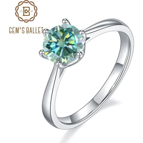 GEMS BALLET 925 Sterling Silver Green Moissanite Ring 1.0C Round Moissanite 6-Prong Trellis Solitaire Engagement Ring For Women