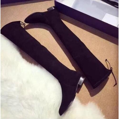 Winter Lowland Over The Knee Boots Round Toe Black Grey Suede Leather Stretch Flat Thight High Boots Women