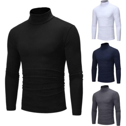 Winter Mens Thermal Long Sleeve Roll Turtleneck Tops Solid Color Tops Male Slim Basic Stretch Tee Top