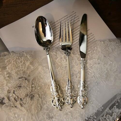 1pcs Luxury Wedding Tableware Silver Plated Dinnerware Cutlery Dinner Knife Fork Soup Spoon Dessert Fruit Salad Fork Teaspoon