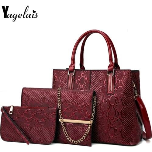 3Pcs Snake Serpentine Women Handbags Set High Quality Pu Leather Shoulder Tote Bag+Chain Female Messenger Bags+Mini Clutch Purse