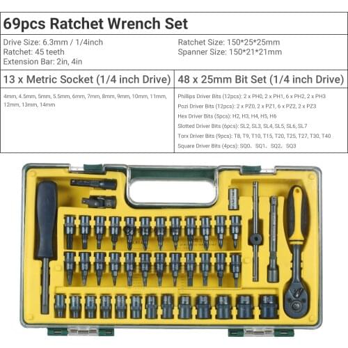 45pcs/69pcs Mechanics Tool Kit 1/4-Inch Drive Socket Wrench Ratchet Extension Adapter Screwdriver Bit Set with Storage Case