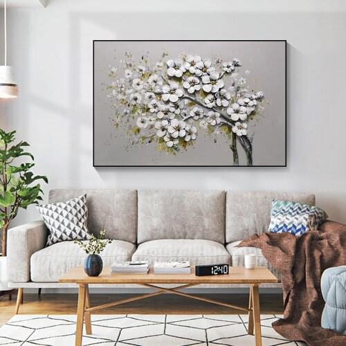 Abstract Textured White Flowers Oil Painting 100% Hand Painted On Canvas Modern Plant Wall Art For Living Room Home Decoration