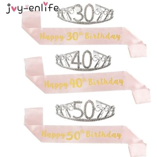 Happy Birthday 30th 40th 50th Rose Gold Satin Sash Crown Birthday Party Decorations Adult 30 40 50 Anniversary Party Supplies