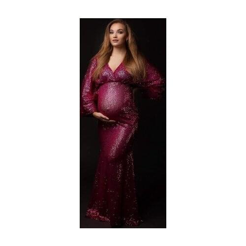 Sparkling Women Maternity Dresses Puff Sleeves Mermaid Shape V Neck Long Length Plus Size Pregnancy Dressing Gowns 2021