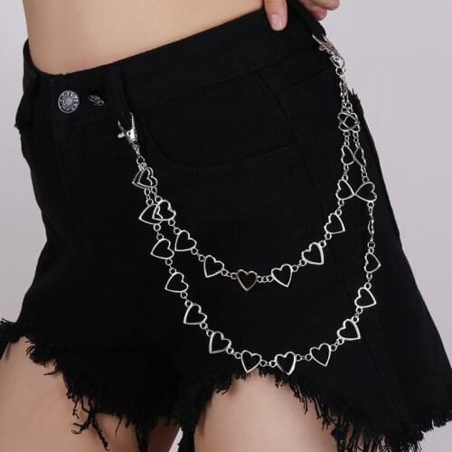 Punk Silver Color Double Layer Keychain Pants Chain For Women Men Trendy Hip hop Hollow Heart Pants Chain Waist Hanging Jewelry