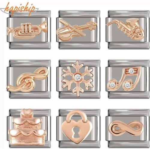Hapiship 2020 New Original Rose Cake Music Snowflake Heart Italian Charm Fit 9mm Bracelet Stainless Steel Jewelry Making DJ120