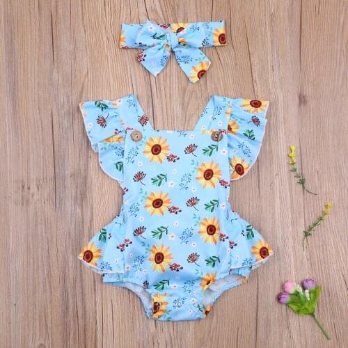 Summer Baby Girls Bodysuits Sunflowers Print Ruffles Short Sleeve Backless Jumpsuits Headband 0-24M