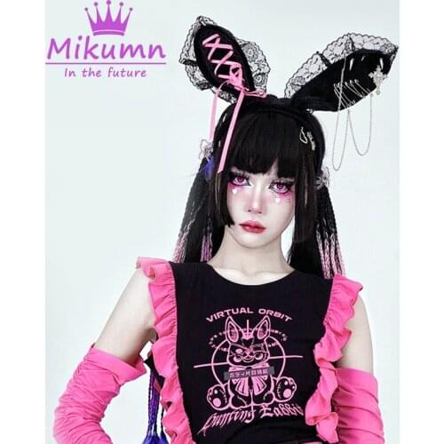 Harajuku Metal Chain Bow Lace Rabbit Ears Headband Cosplay Bunny Ear Hairband Hair Accessories Headdress