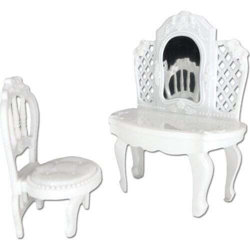 NK 1 Set Mini Doll Furniture Mini Chair+ White Dresser Mirror Dest For Barbie Doll Kelly 1:12 Doll Dollhouse Accessories 1X