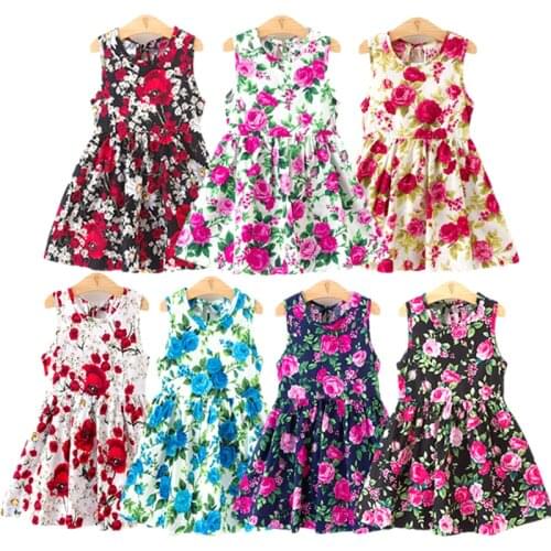 Girl Dress Cute 2020 Cotton Sleeveless Flower Print Cotton and Linen Floral Dress Baby Girl Spring Summer Dresses for Girls