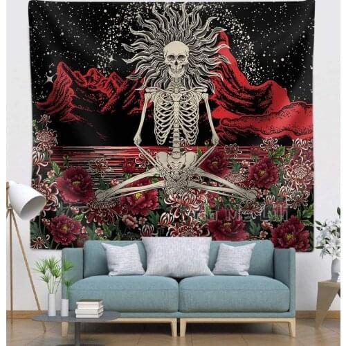 Psychedelic Skull Tapestry Bohemian Meditation Mountain Sun And Moon Starry Night Wall Hanging For Room Decoration
