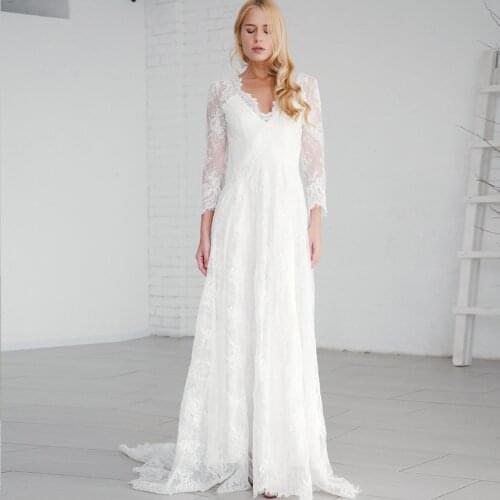 Sexy Double V-neck Bohemian Wedding Dress Custom-made A-line Robe de Mariage 3/4 Long Sleeves Bridal Gown