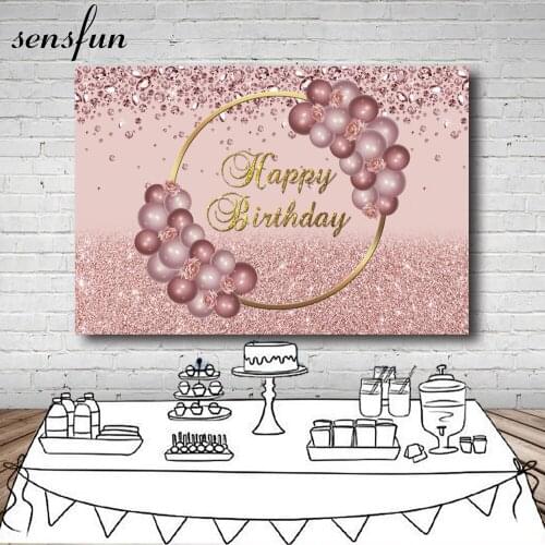 Sensfun Rose Gold Glitter Shiny Diamonds Girls Sweet 16 Backdrop For Photo Studio Gold Circle Balloons Lady Birthday Backgrounds